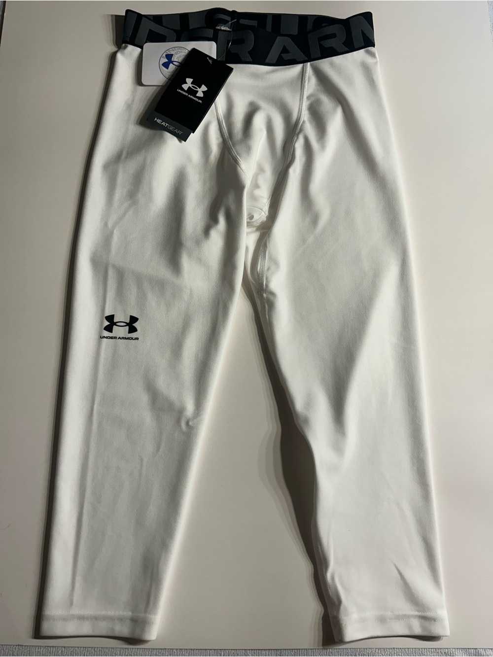 Youth Under Armour White Compression Leggings with Black Waistband